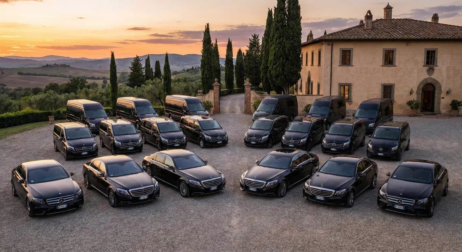 Prestige Rent fleet: black Mercedes sedans, vans and minibuses at a Tuscan villa