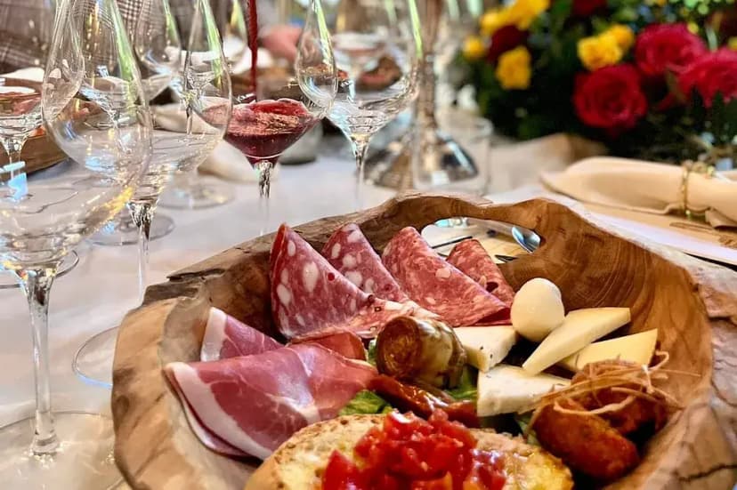 A wooden board of Tuscan cold cuts and cheese with glasses of red wine at the winery