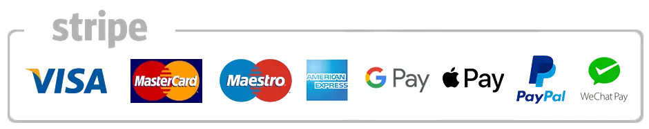 Secure payment: Visa, Mastercard, Maestro, American Express, Google Pay, Apple Pay, PayPal
